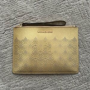 Michael Kors Gold Perforated Scallop Pattern Wristlet Clutch